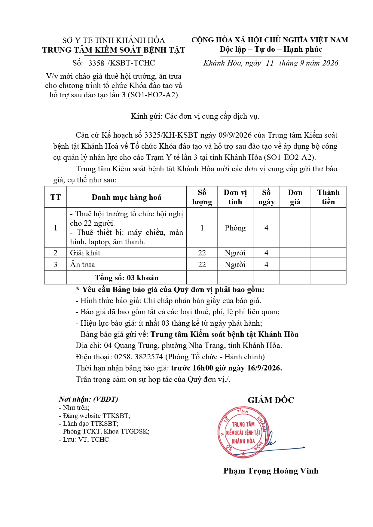 V/v mời chào giá thuê hội trường, ăn trưa cho chương trình tổ chức Khóa đào tạo và hỗ trợ sau đào tạo lần 3 (SO1-EO2-A2)